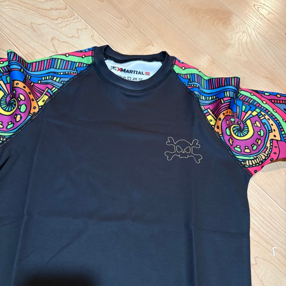 XMartial BJJ Rash Guard Mens Small Black Psychedelic Skull Short Sleeve MMA Top - Picture 2 of 6